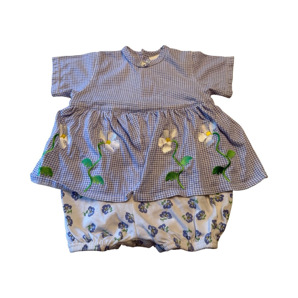 Vintage Buster Brown Blue Gingham Daisy Embroidered Floral Romper 24M